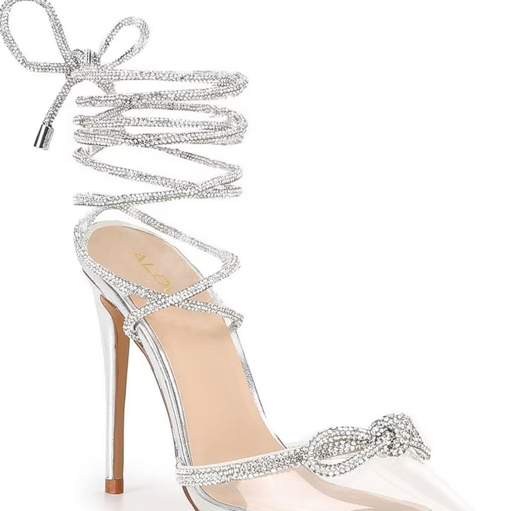 Halalia Clear Rhinestone Bow Ankle Wrap Pumps